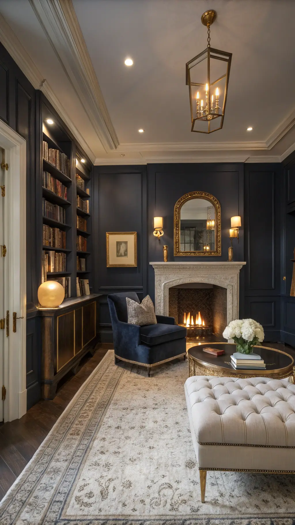 A refined and intimate study with dusky lighting, highlighting elegantly crafted architectural details such as crown molding; featuring a charcoal velvet settee on an ivory wool rug, a brass mirror above a limestone fireplace, marble-topped side tables and floor-to-ceiling built-in bookshelves in dark navy.