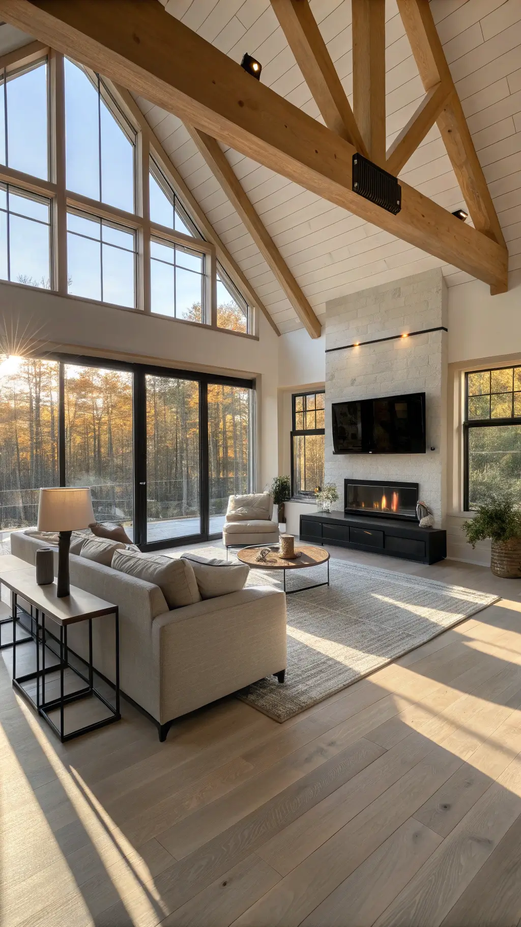 Sunlit open-concept cabin living room with charcoal sectional, cream bouclé accent chair, and black steel fireplace, highlighted by raw timber beams, white oak flooring, and layered textiles, shot from a low corner angle.