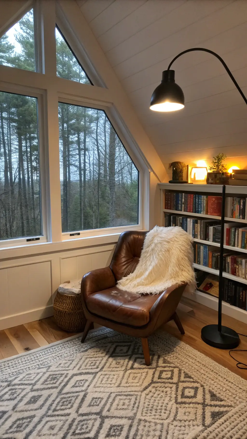 Cozy reading nook under A-frame window with a white oak bookshelf, oversized leather chair with sheepskin throw, black arching floor lamp, and a geometric patterned wool rug, facing a forest view at dusk.