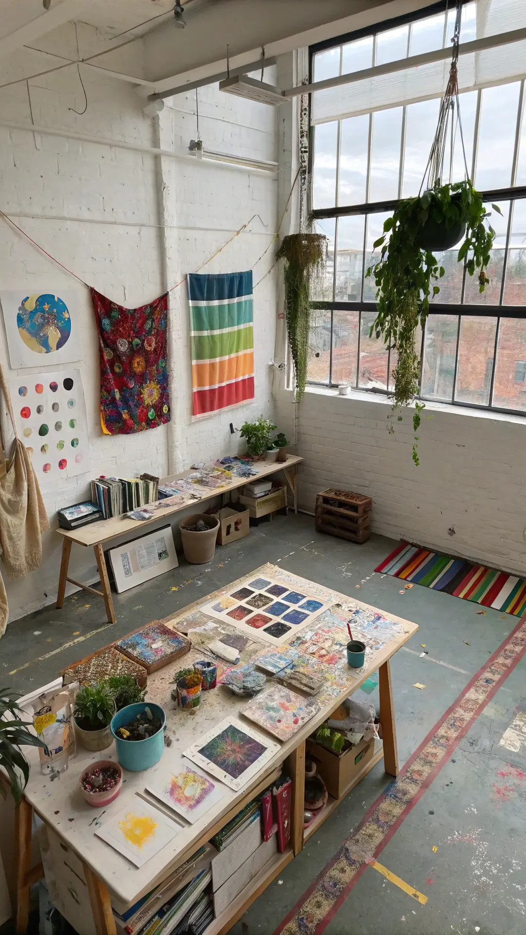 Overhead view of a 12x15ft artist's studio with industrial windows, paint-splattered floors, white walls adorned with colorful tapestries, a work table with collections of global artifacts, crystals, ceramic vessels in sunset hues, and macramé plant hangers dividing the space.