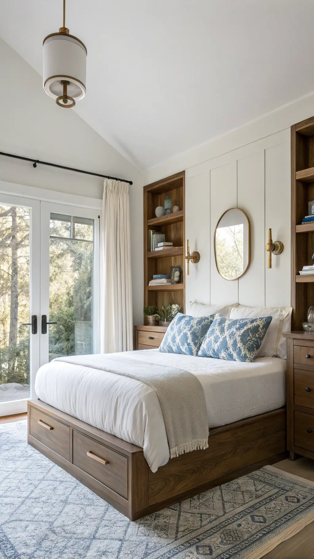 Cozy 10'x12' bedroom with morning light streaming through tall window, showcasing a bed with built-in drawers, floating walnut shelves, brass wall sconces, and a round mirror. The room decor is predominantly in soft neutrals, with layers of texture from wool, linen, and woven materials.