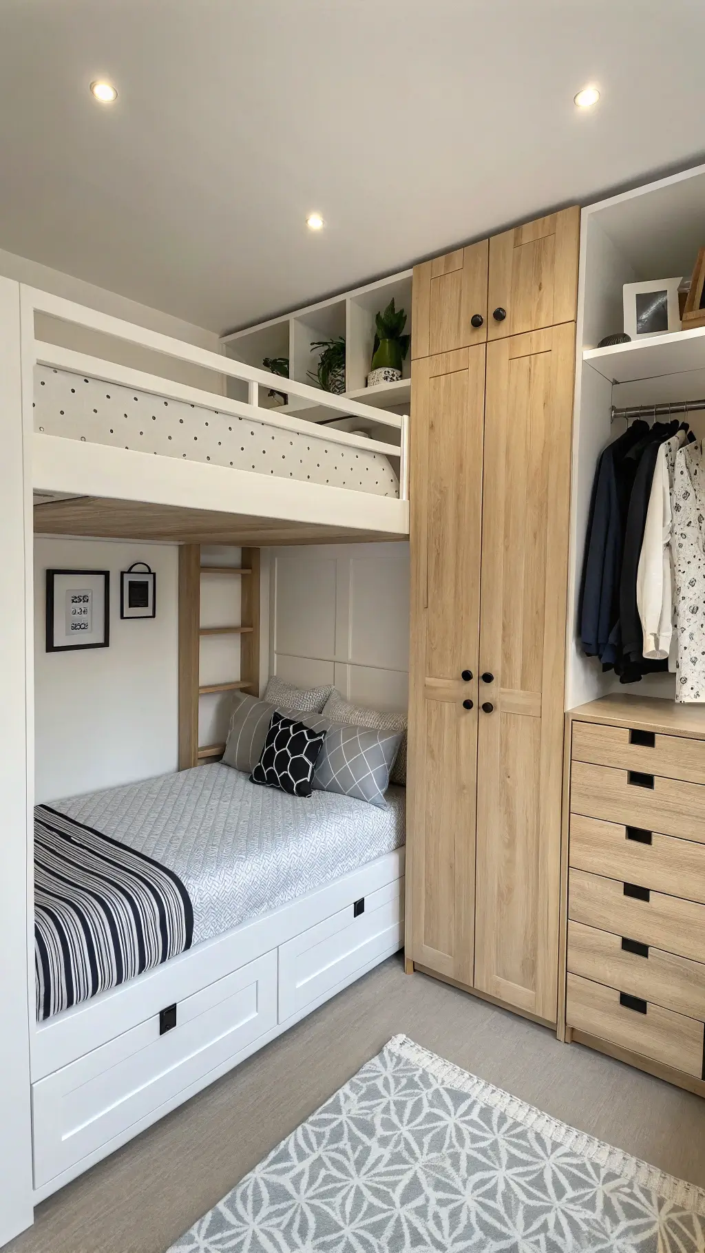 Scandinavian-inspired 10'x10' bedroom with a high sleeper bed, under-bed wardrobe storage, wall-mounted pale oak organizers on white walls, and black accents, shot at midday to showcase clean lines and organization.