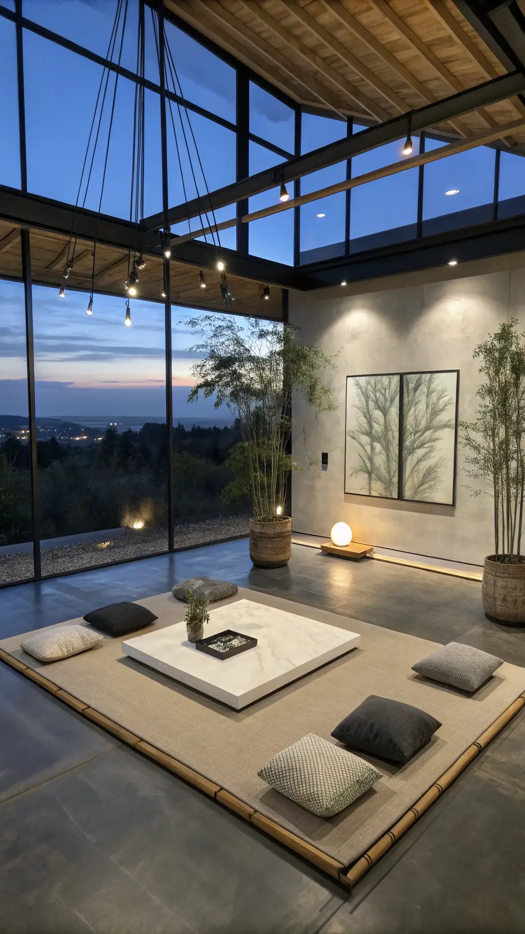 High-angle view of a modern 15x15ft meditation studio at dusk, featuring architectural concrete floors, floor-to-ceiling windows, a floating platform with meditation cushions, minimalist pendant lights, and large abstract canvas.