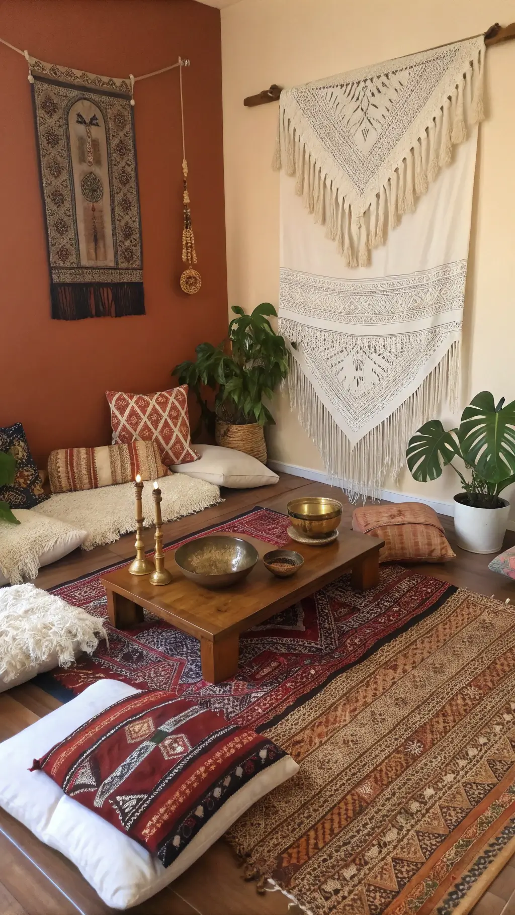 Bohemian styled meditation space with various global textiles, a low teak table holding a brass singing bowl and palo santo, hanging pothos plants and warm terracotta walls illuminated by natural light and a copper floor lamp.
