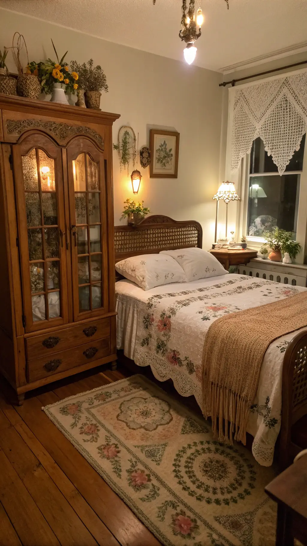 Vintage bedroom interior at dusk with hardwood floors, a detailed cane bed adorned with floral linens and crochet blankets, antique armoire reflecting warm lamp light, and dried flowers in milk glass vases on various surfaces, rendered in warm artificial lighting.