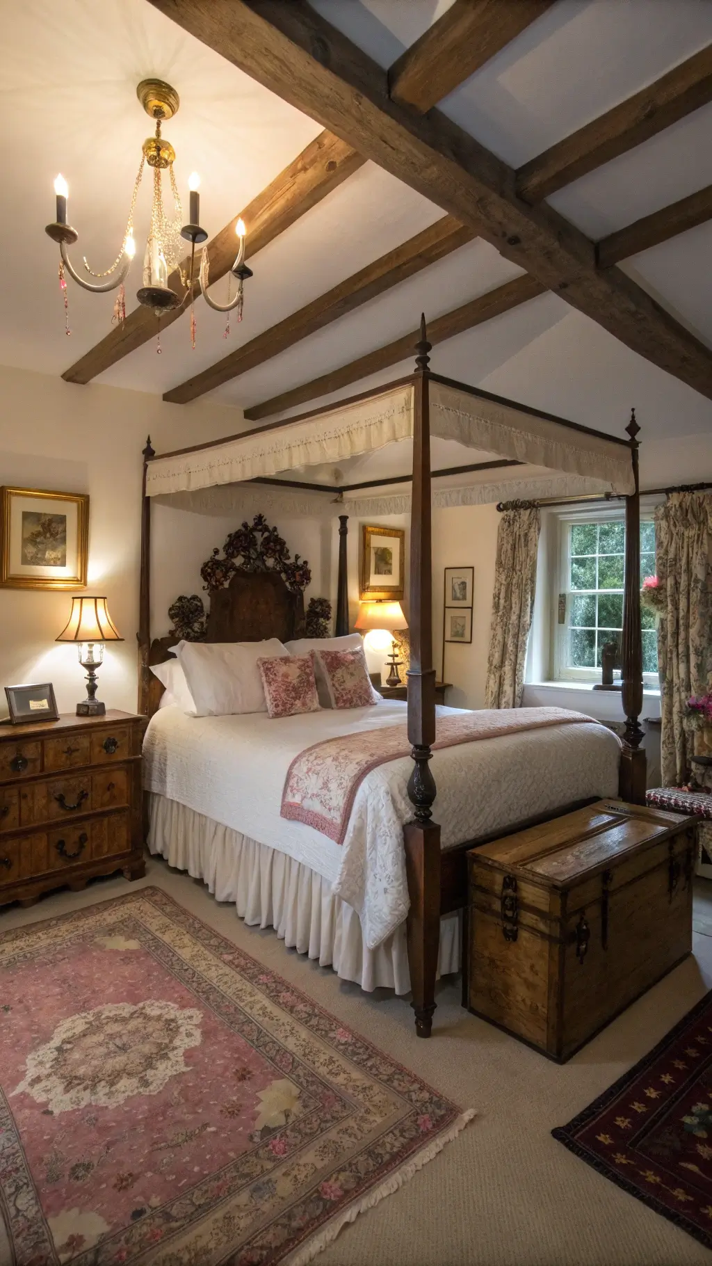 Vintage master bedroom with four-poster bed, antique trunk bench, gilt mirror reflecting candlelight, and original ceiling beams at twilight.