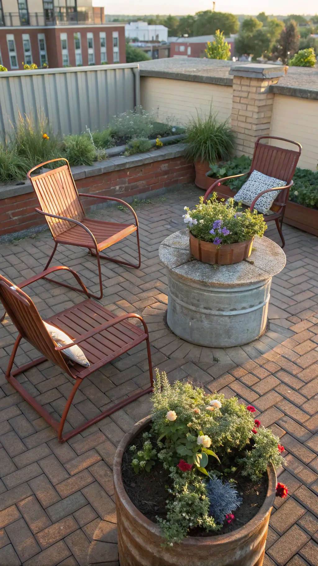 Bird's eye view of a late afternoon terrace scene with rust-colored metal lawn chairs around a wooden spool table, plants in galvanized tubs, flowers in cream and blue vintage enamelware on a brick patio in golden sunlight.