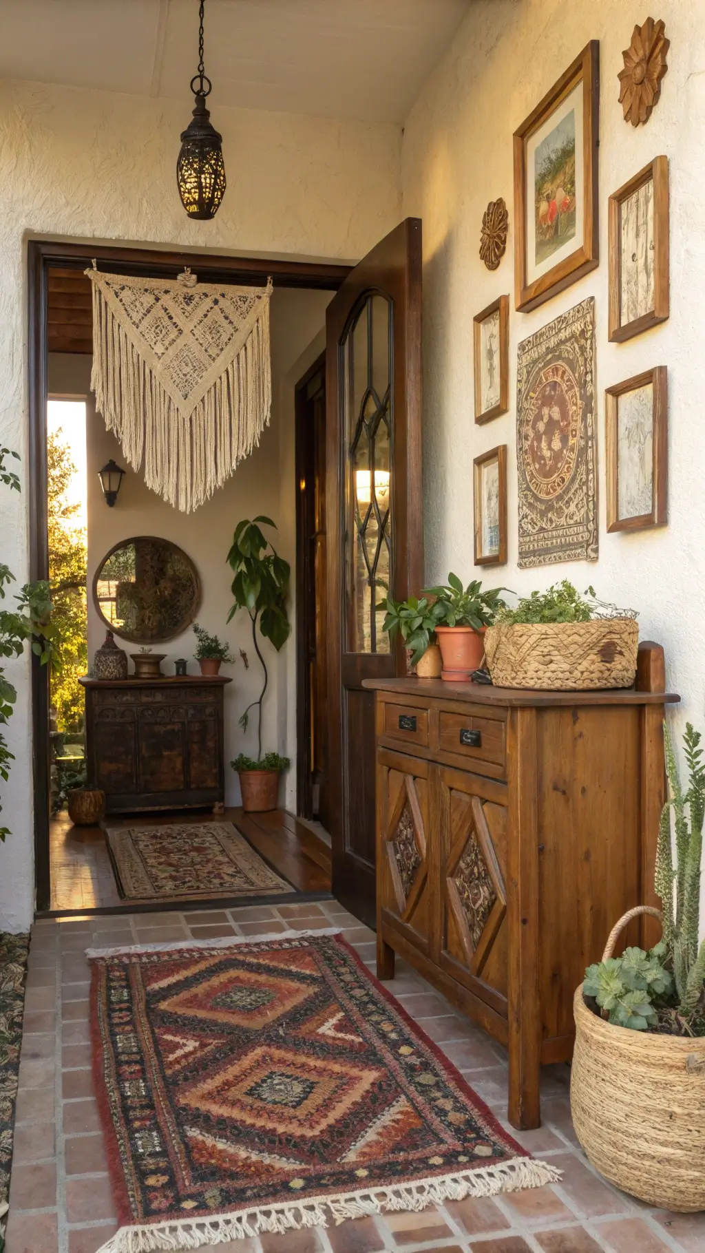 Bohemian eclectic 5x8ft entryway at sunset featuring a vintage kilim runner, carved wooden console, macramé wall hanging, a collection of vintage mirrors, potted plants, and woven storage baskets.