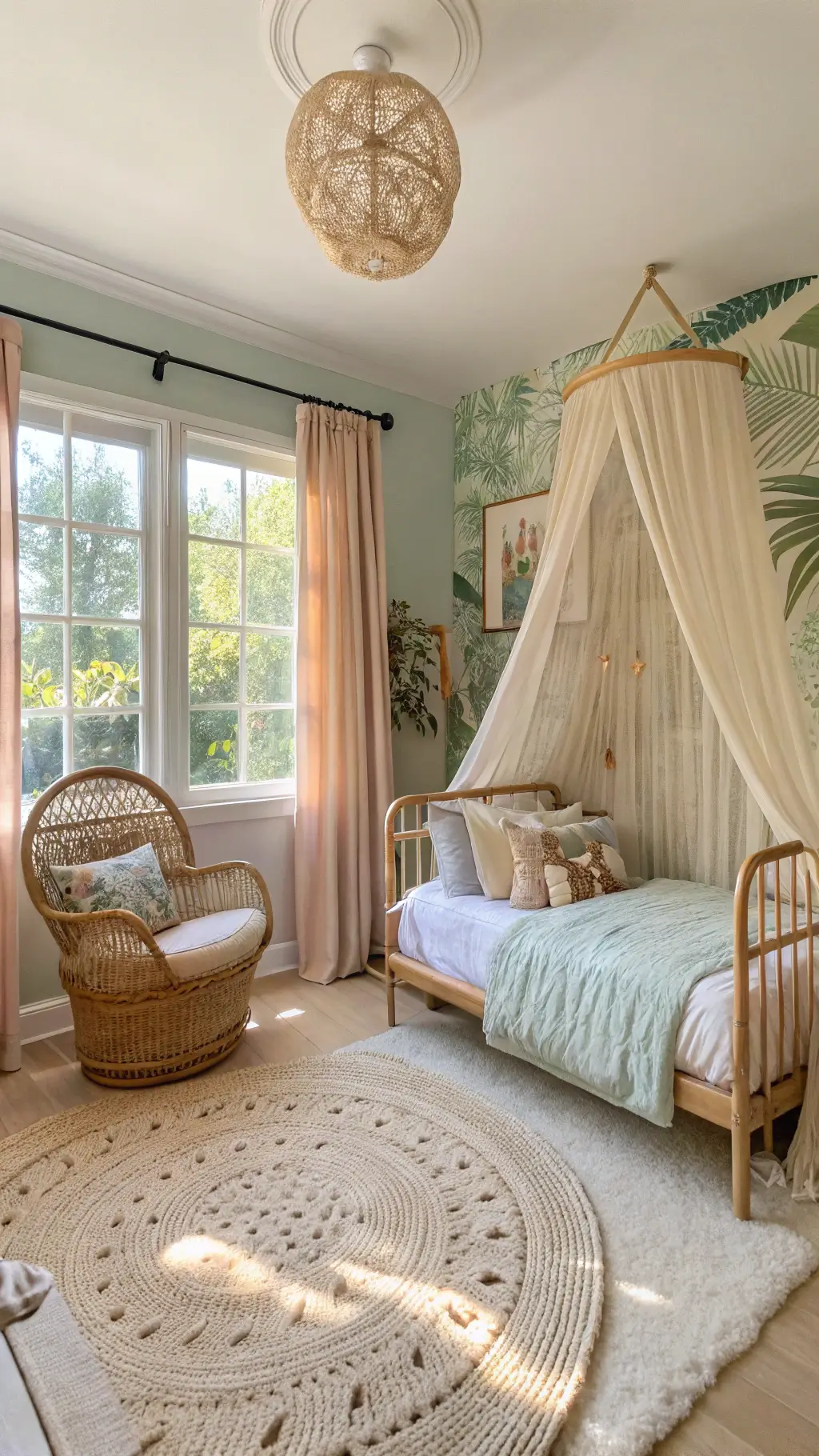 Sun-drenched kids' bedroom with rattan canopy bed, macramé curtains, jute and cream rugs, vintage rattan chair, botanical wallpaper, and terra cotta and turquoise accents at golden hour.
