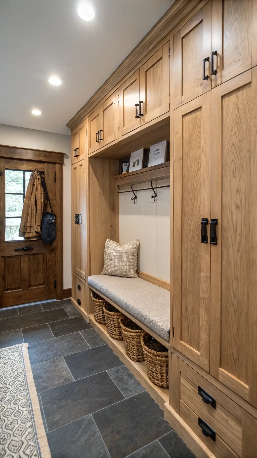 Cozy and organized 6x8ft cabin mudroom with white oak floor-to-ceiling storage, a built-in bench with wool cushion, slate flooring with radiant heat, and a minimalistic décor featuring woven baskets and vintage hooks.