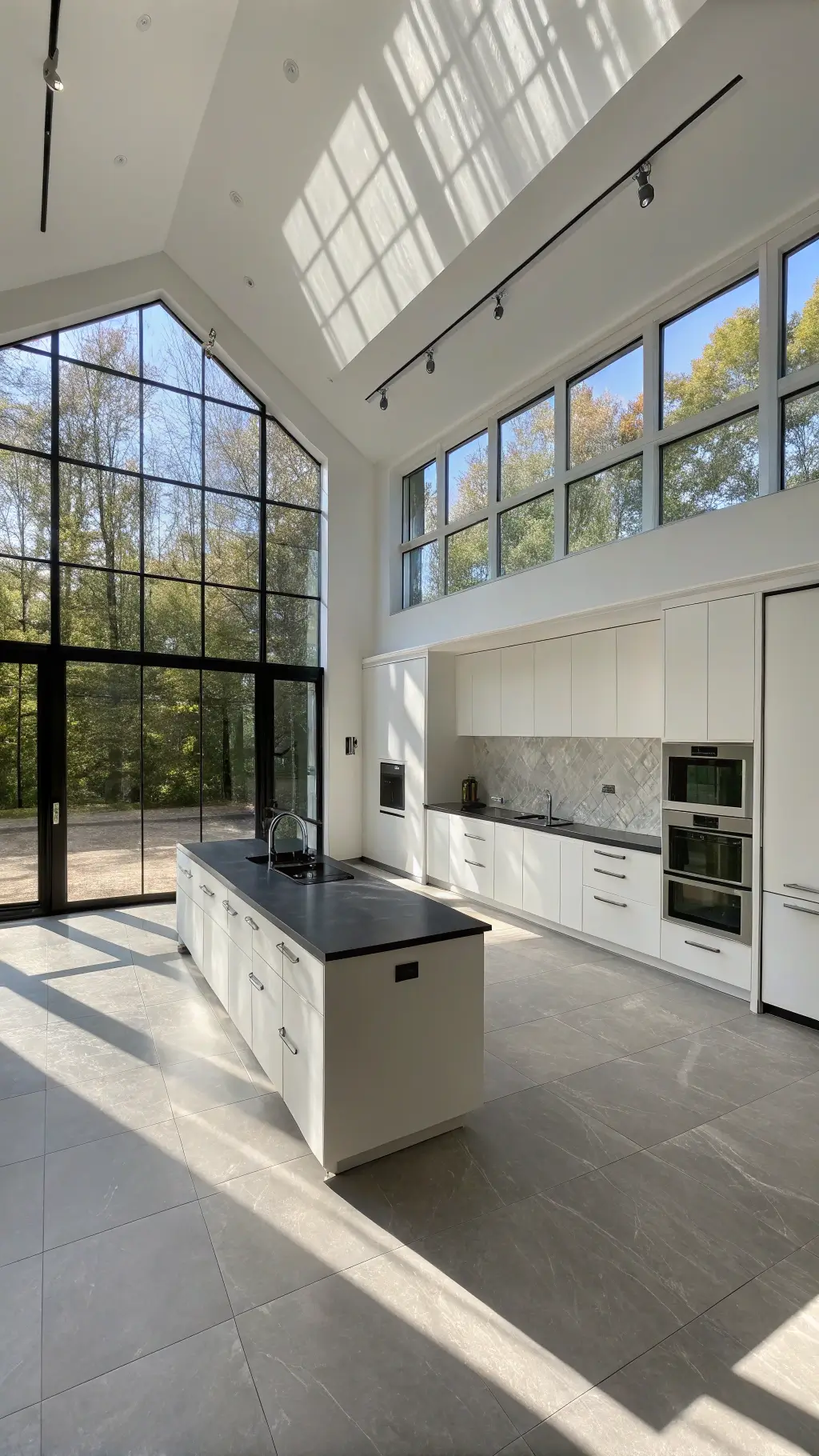 Ultra-modern kitchen studio with seamless white cabinetry, black granite island, double-height windows, and minimal track lighting, creating a gallery-like atmosphere.