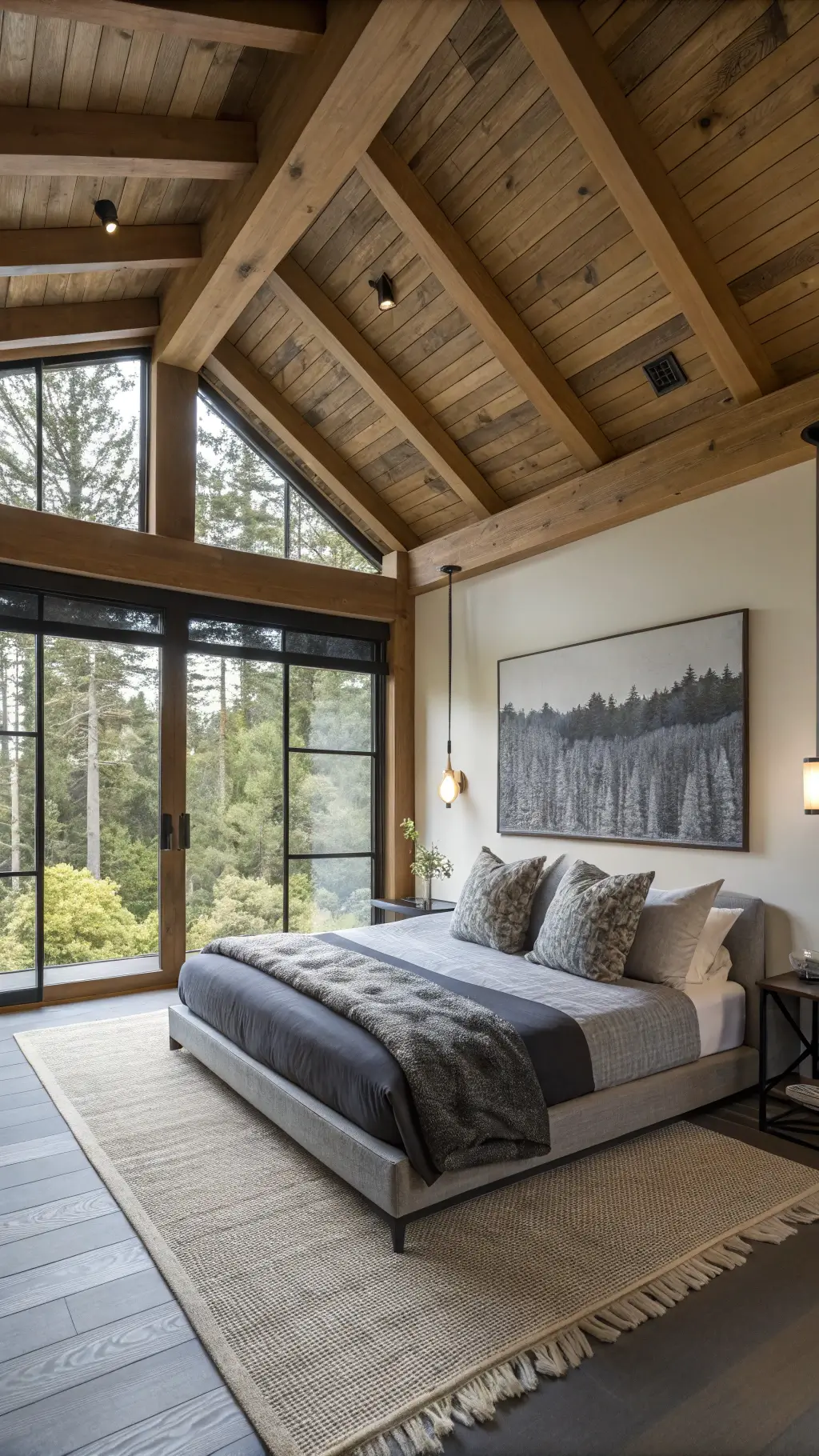 Tranquil master bedroom with wooden beam ceiling, panoramic windows with screens, floor-level futon, textural decor, black metal sconces and abstract ink painting in whites, grays, and blacks.