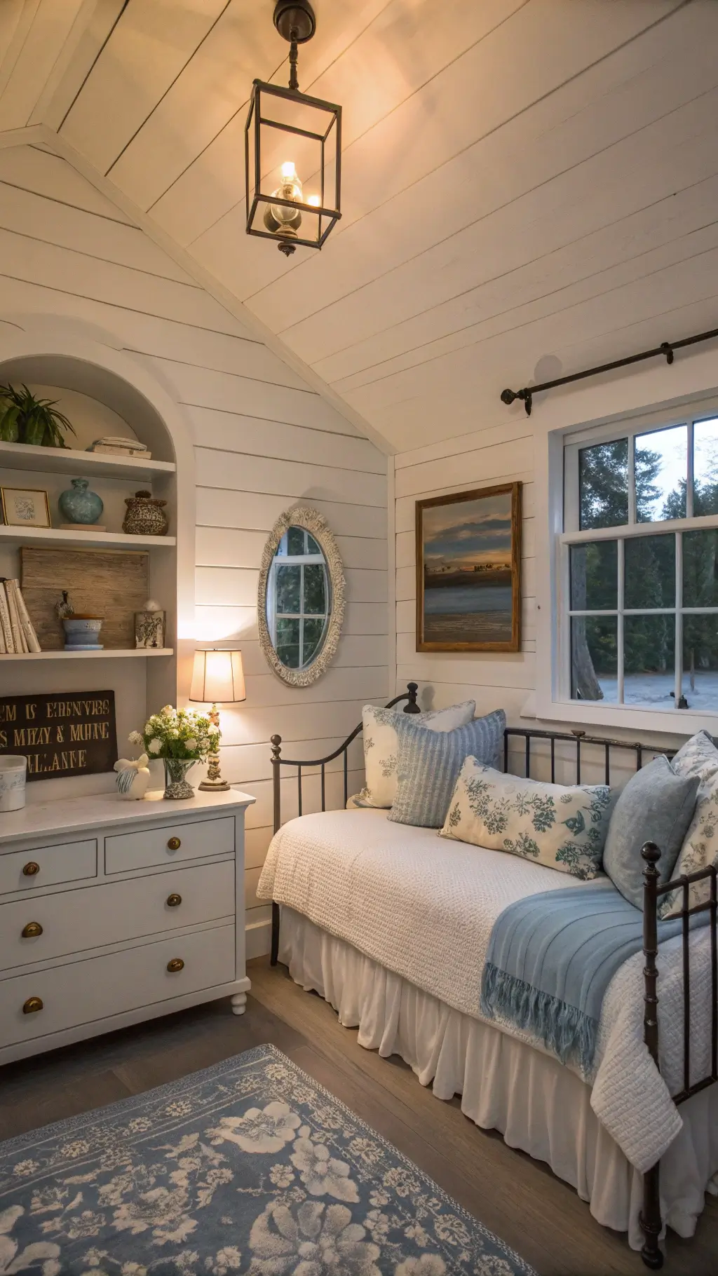 Cozy cottage-style guest room at dusk with shiplap walls, iron daybed, vintage quilins, distressed white dresser and built-in shelving, featuring hydrangeas in milk glass vases.