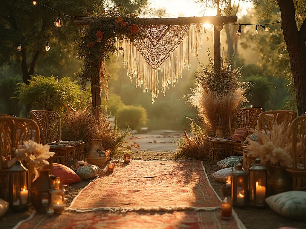 "Bohemian wedding garden ceremony during golden hour with vintage decor, Persian rugs, brass lanterns, and natural wildflower arrangements under string lights."