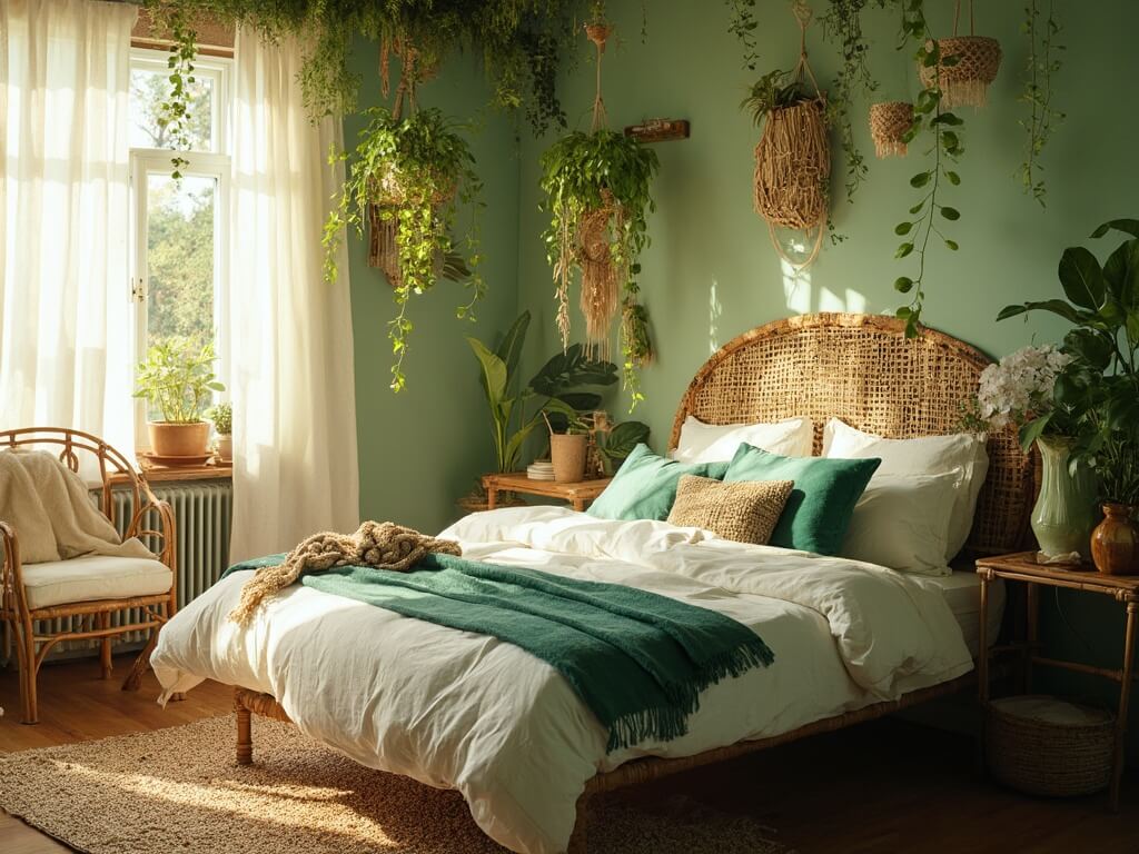 "Sunlit bohemian bedroom with sage green walls, rattan bed, macramé planters, and vintage accents in natural morning light"