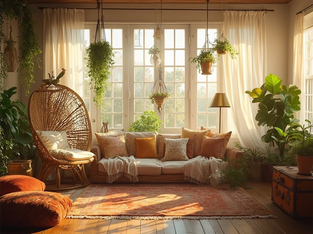 "Boho sunroom bathed in golden hour light, featuring a suspended rattan chair, layered rugs, hanging plants, and vintage decor."