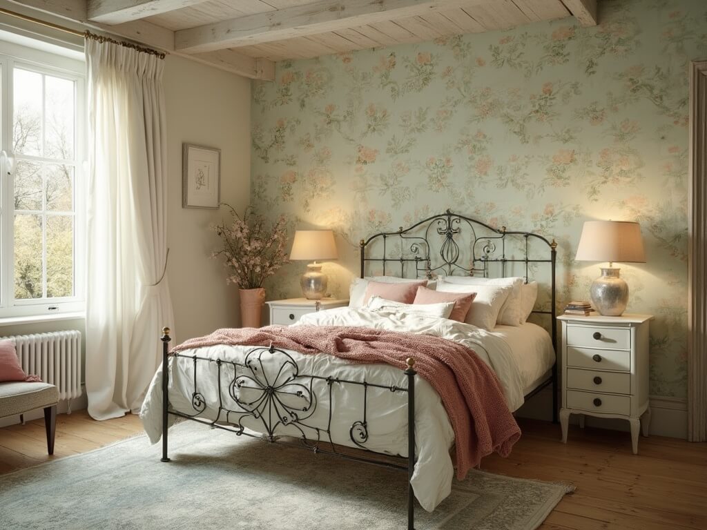 "Cottage bedroom with sage green botanical wallpaper, vintage iron bed, and warm morning light streaming through Georgian windows"
