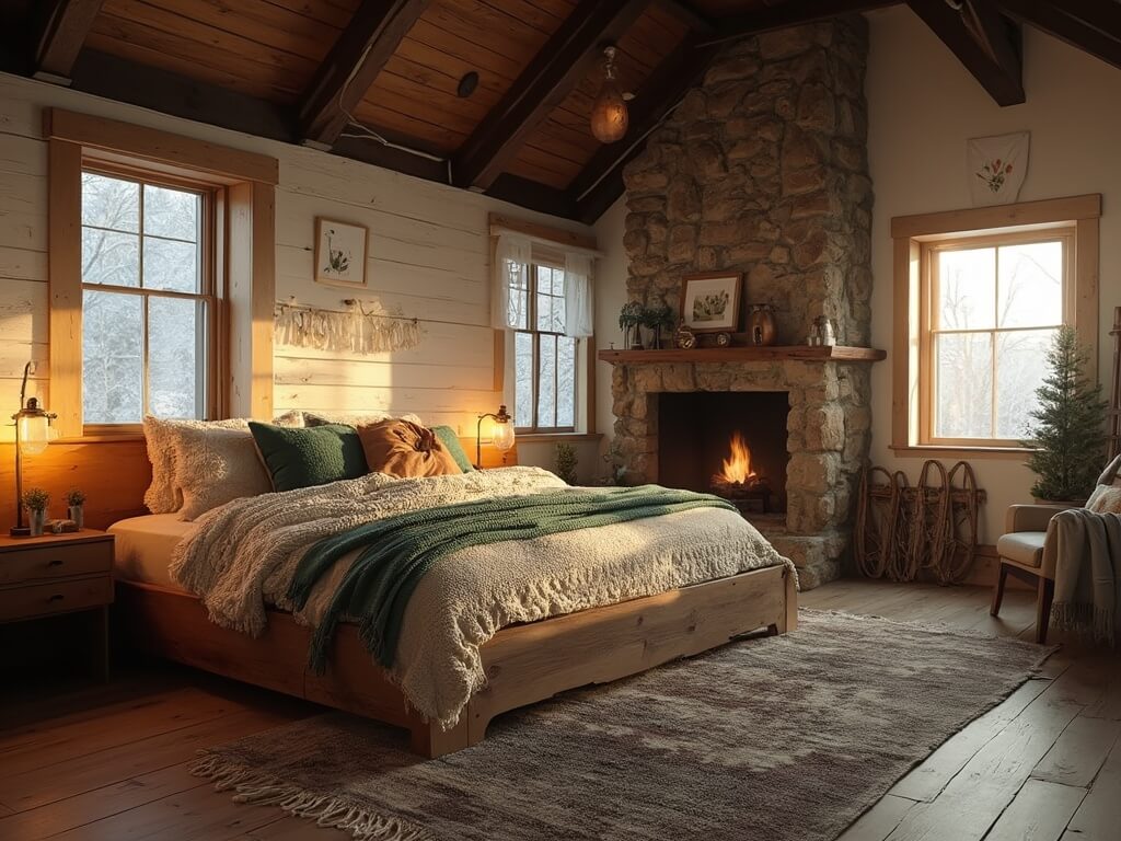 "Rustic cabin bedroom with king-size bed, stone fireplace, and vintage decor during golden hour"