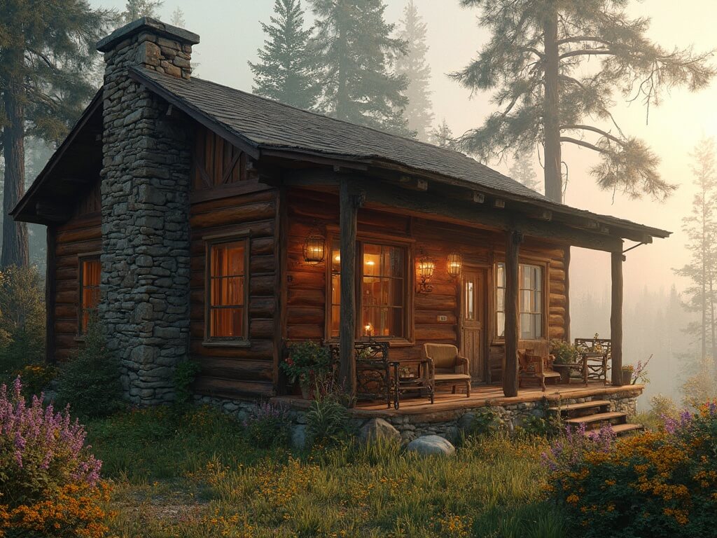 "Rustic cabin with weathered cedar siding and stone foundation at golden hour, surrounded by pine forest and mountain mist"