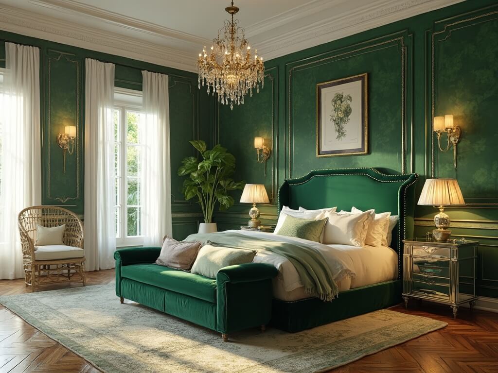 "Luxurious emerald green bedroom interior with velvet bedding, brass accents, and golden hour sunlight"