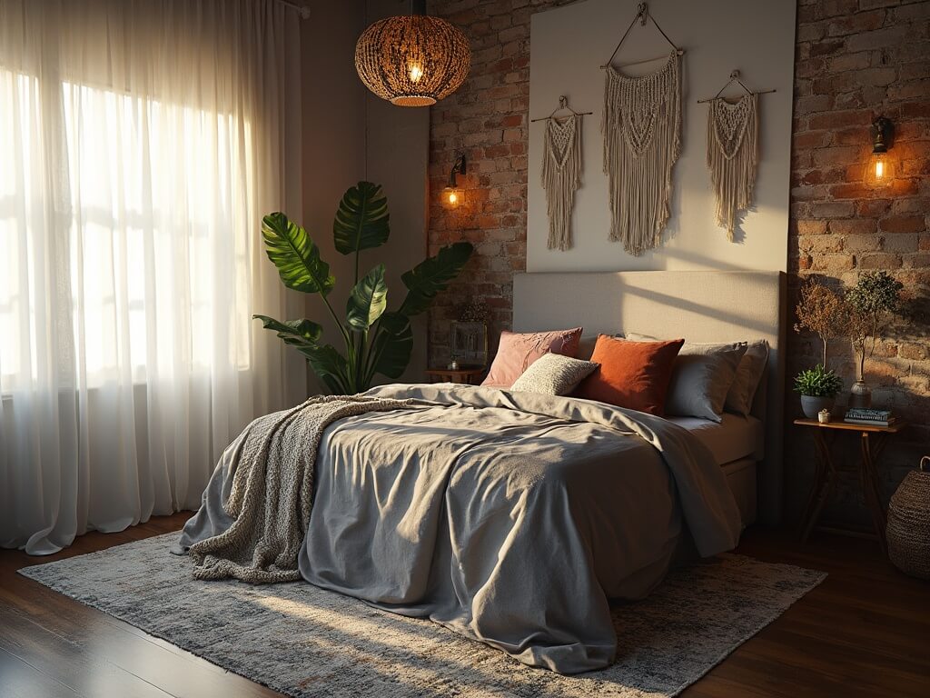 "Boho style bedroom with grey linen bedding, earth toned pillows, Persian rug, rattan pendant light, monstera plant, and textured decor in soft golden hour light"