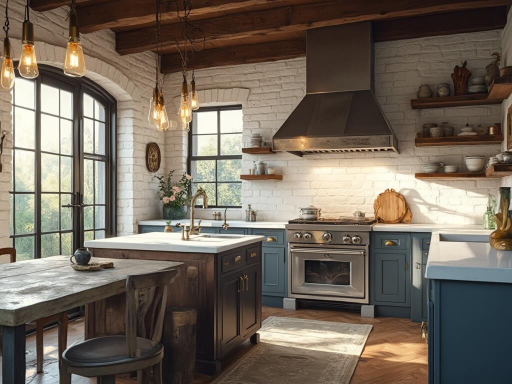 "Sunlit industrial farmhouse kitchen with white shiplap walls, reclaimed wood island, vintage pendant lights, stainless steel appliances, and open shelving displaying pottery and copper vessels"