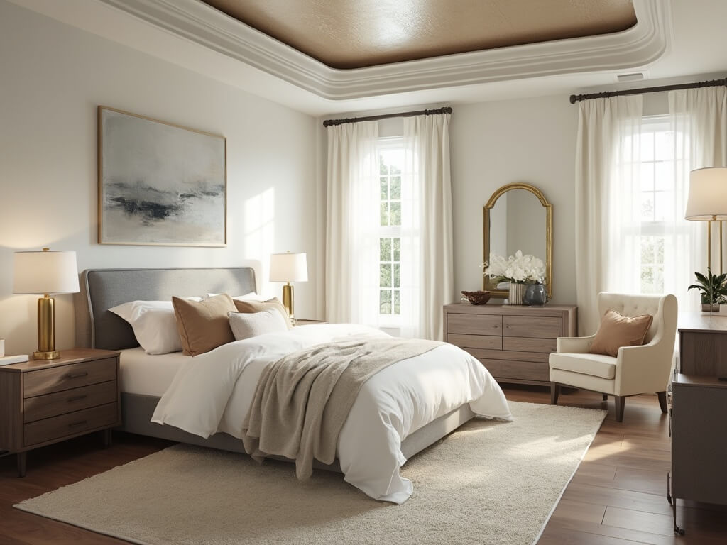 "Luxurious transitional master suite with king-size bed, neutral bedding, walnut nightstands, and reading nook in morning sunlight"