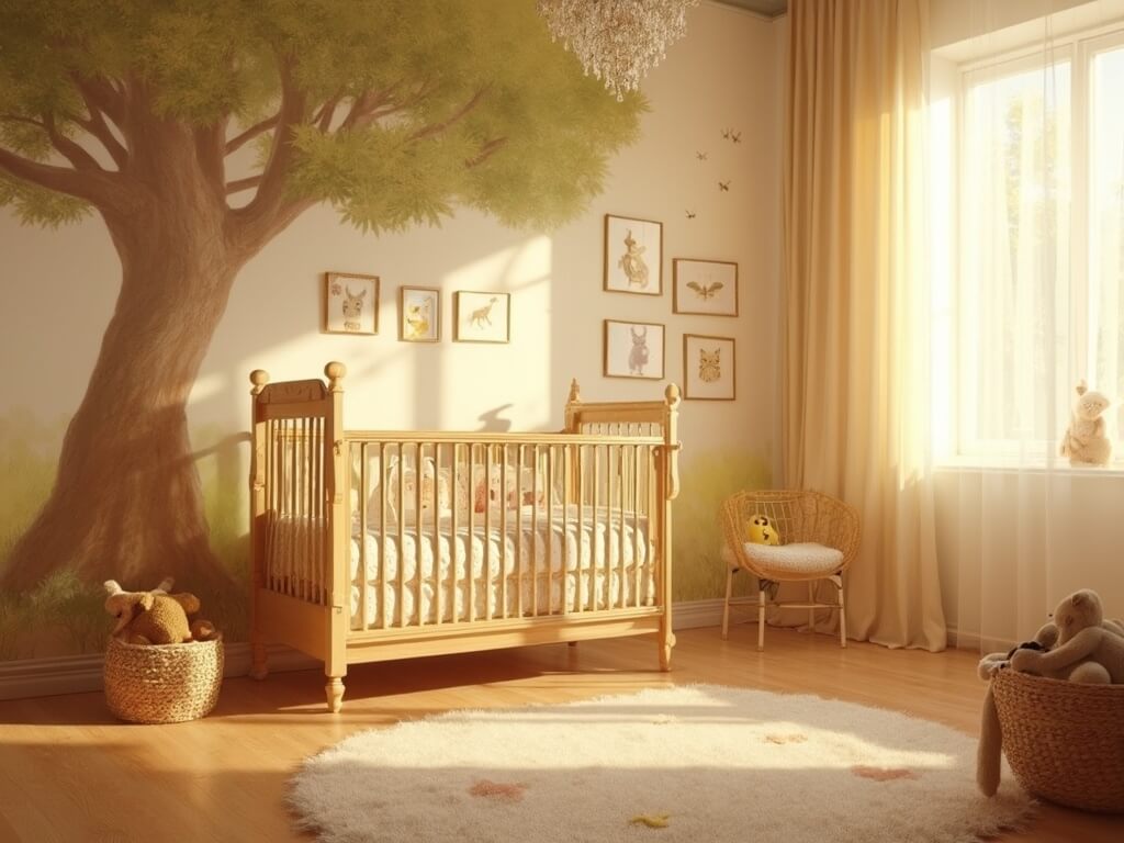 "Winnie the Pooh themed nursery illuminated by golden hour sunlight, with a wooden crib, hand-painted tree mural, vintage Pooh illustrations, plush rug, and basket of plushies"