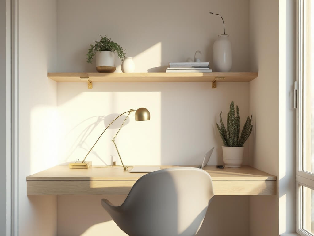 "Minimalist home office nook with white oak desk, brass task lamp, and decor on floating shelves in soft morning light"