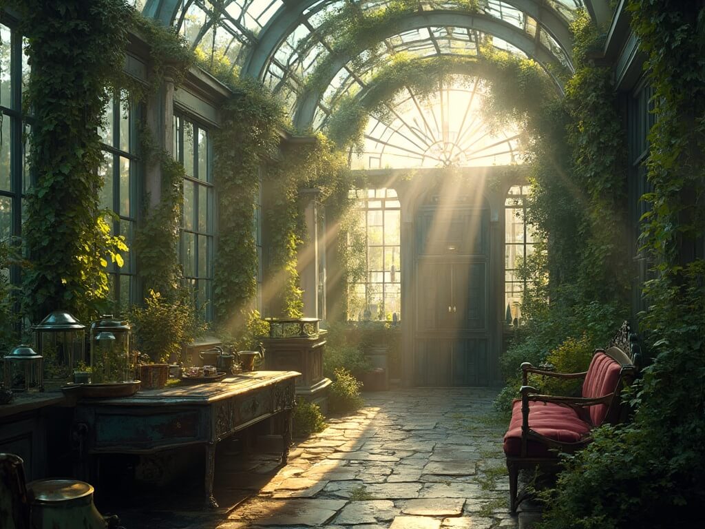 "Victorian conservatory at dawn with morning mist, golden sunbeams illuminating overgrown garden, and vintage gardening tools on a wooden table."