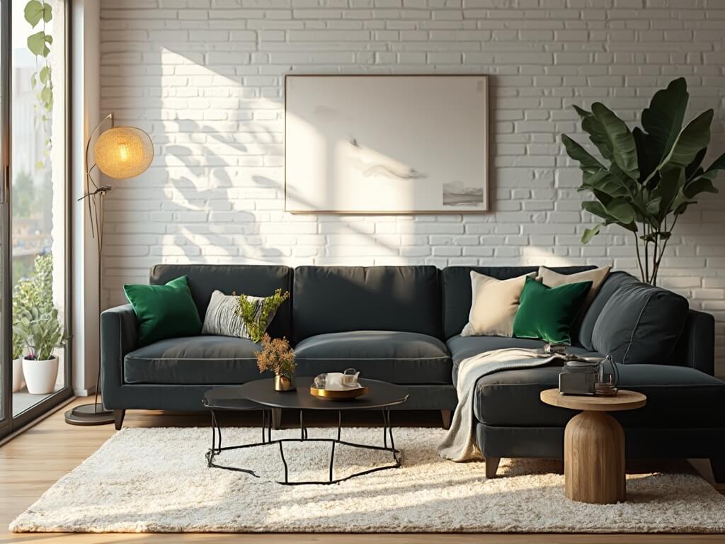 "Modern living room with dark grey velvet sofa, natural sunlight, cream Moroccan rug, brass floor lamp, green accent pillows, and abstract wall art captured in high resolution during golden hour"