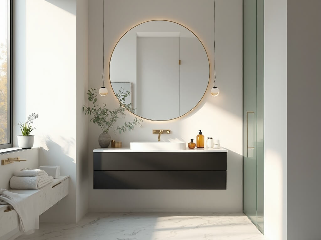 "Luxurious modern minimalist bathroom featuring white walls, black vanity, brass mirror, and grey marble-effect tiles"