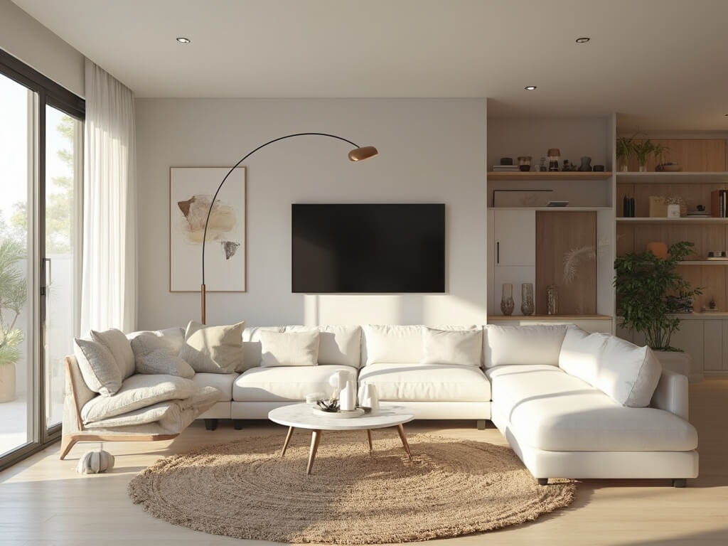 "Modern minimalist living room with space-saving design features including an L-shaped sectional sofa, floating oak shelves, a mounted TV, marble coffee table, and built-in storage, bathed in soft natural light."