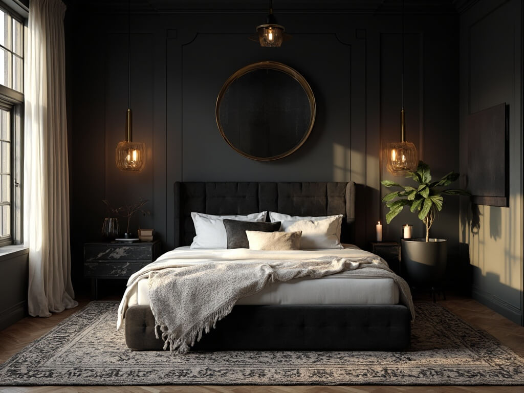 "Modern luxe film noir style bedroom with matte black walls, king-sized bed, brass accents, and floor-to-ceiling windows during golden hour"