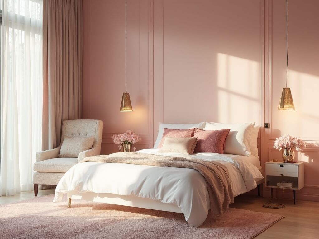 "Luxurious modern blush pink bedroom with high ceilings, queen-sized bed, brass lighting features, and sophisticated decor, bathed in natural morning light."