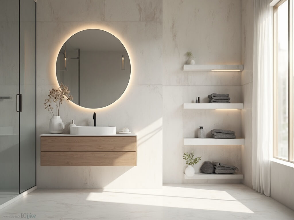"Modern minimalist spa bathroom with luxe details featuring white oak vanity, LED-backlit mirror, brass fixtures and ambient lighting"