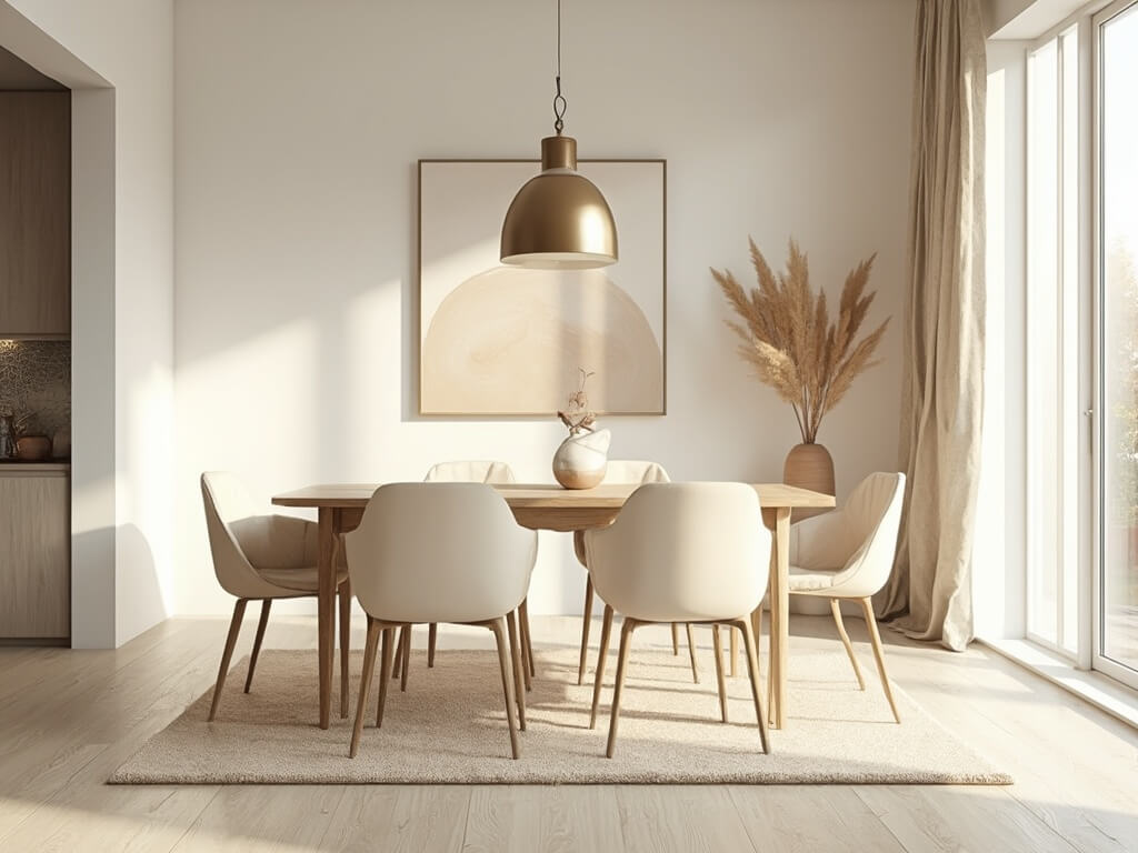 "Scandinavian dining room with morning light, solid oak table, cream-upholstered chairs and modern brass pendant light"