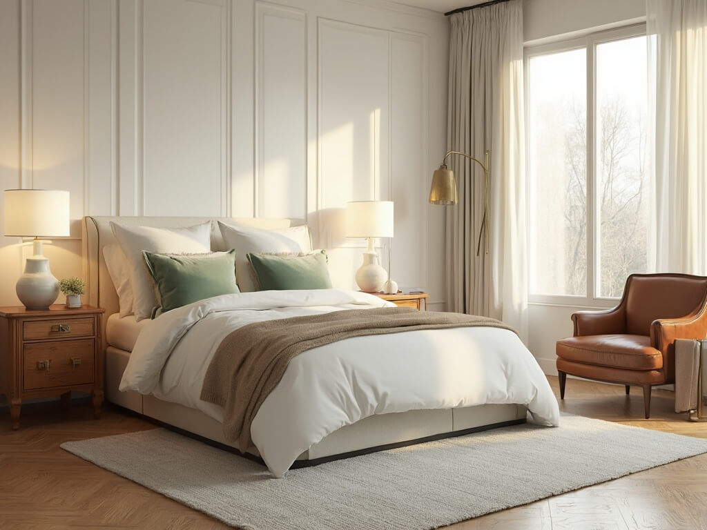 "Luxurious guest room with queen-sized bed, oak nightstands, and vintage leather armchair in soft morning light"