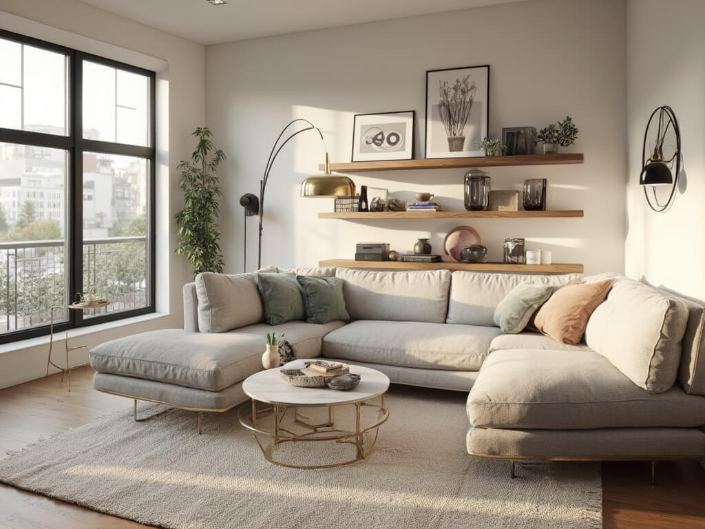 "Sophisticated tiny living room featuring gray sectional sofa, brass and marble coffee table, floating white oak shelves with decor, and large minimalist prints on the wall"