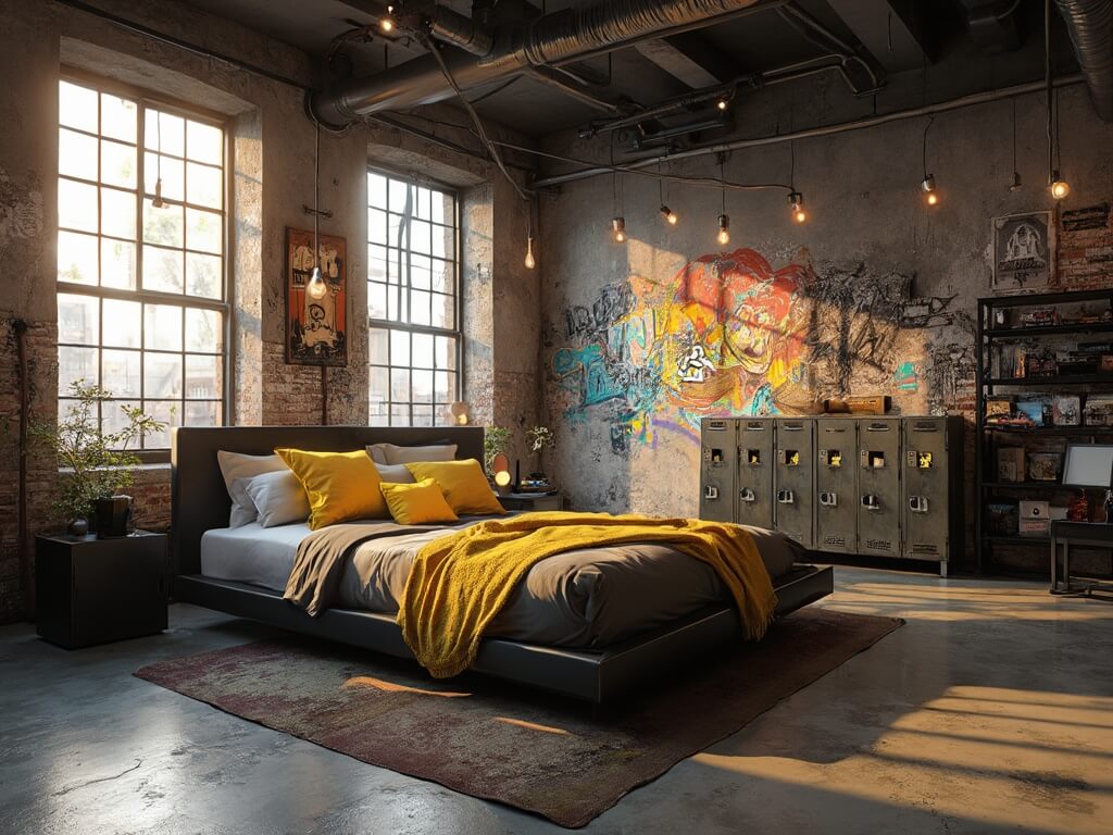"Industrial loft bedroom with graffiti walls, black metal bed, vinyl record display, and vintage locker storage during golden hour"