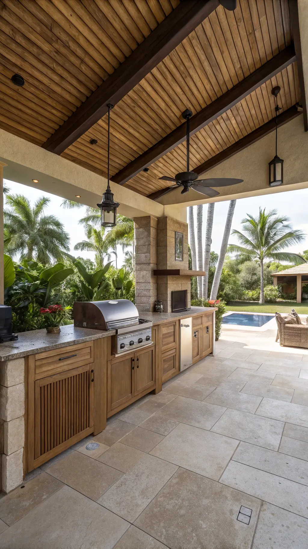 Bright tropical outdoor kitchen with exposed beam ceiling, natural lava stone island with kamado grill, teak cabinetry, quartz counters, rattan pendant lights, and palm frond fans, framed by lush tropical plants and palms.