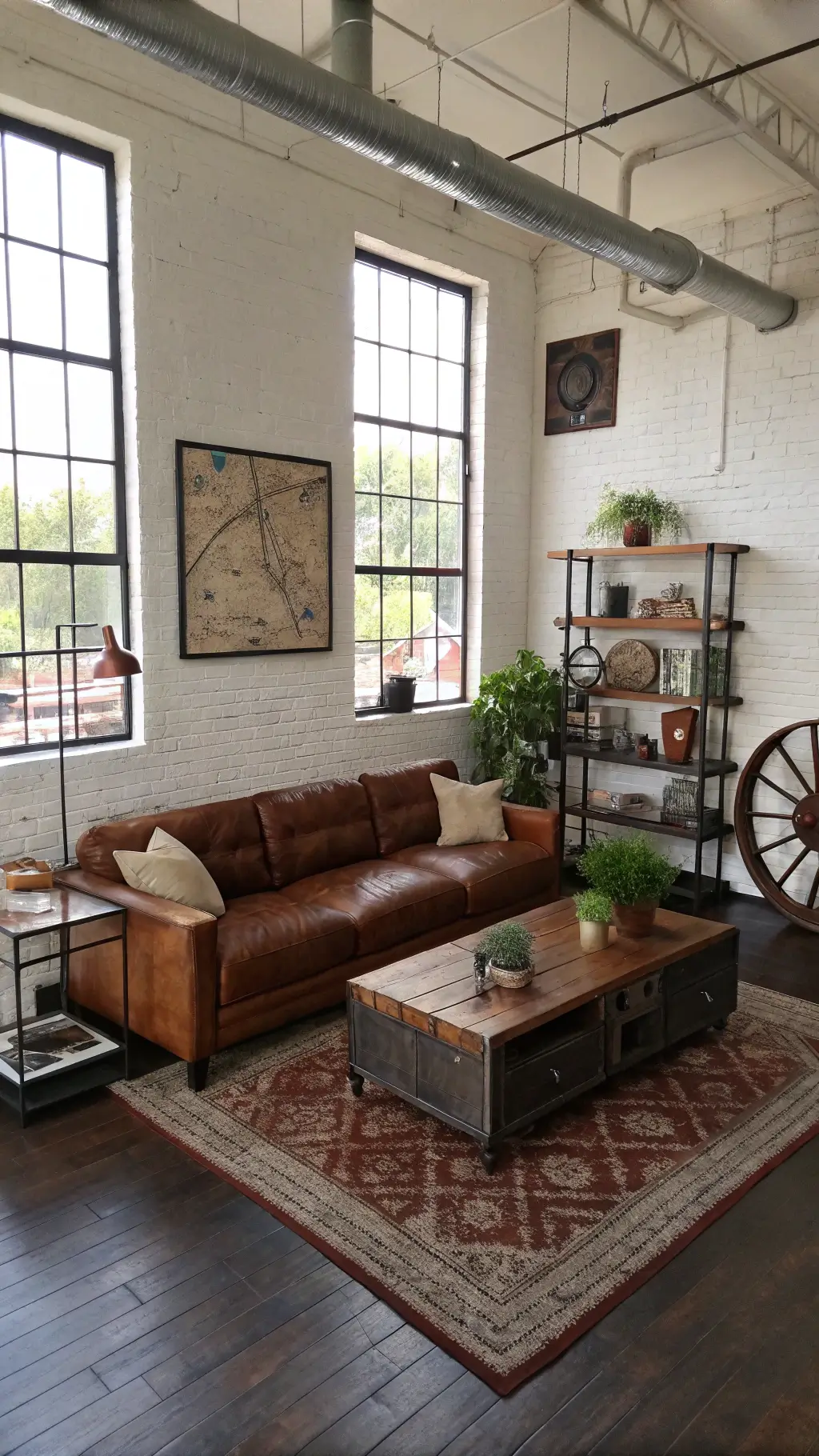 Open-concept living area with morning light streaming through steel-framed windows, contrasting white brick walls, dark timber flooring, brown leather sectional, metal side tables, industrial pipe shelving, and vintage decor.