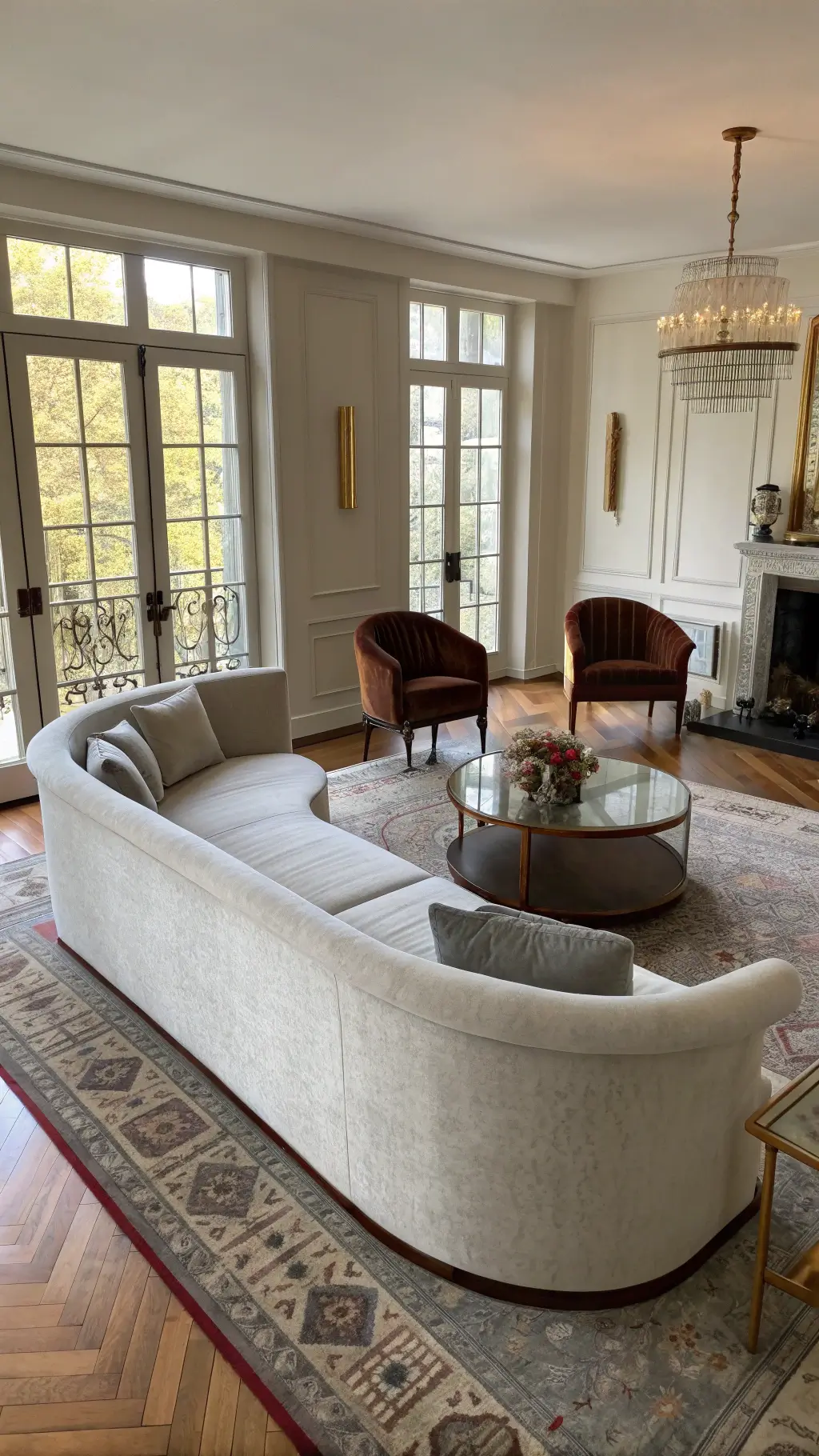 Overhead shot of a spacious, airy living room with mixed-period decor including a curved 1940s sofa, rosewood armchairs, a brass and glass coffee table, vintage rugs over parquet flooring, and tall windows allowing in midday light.