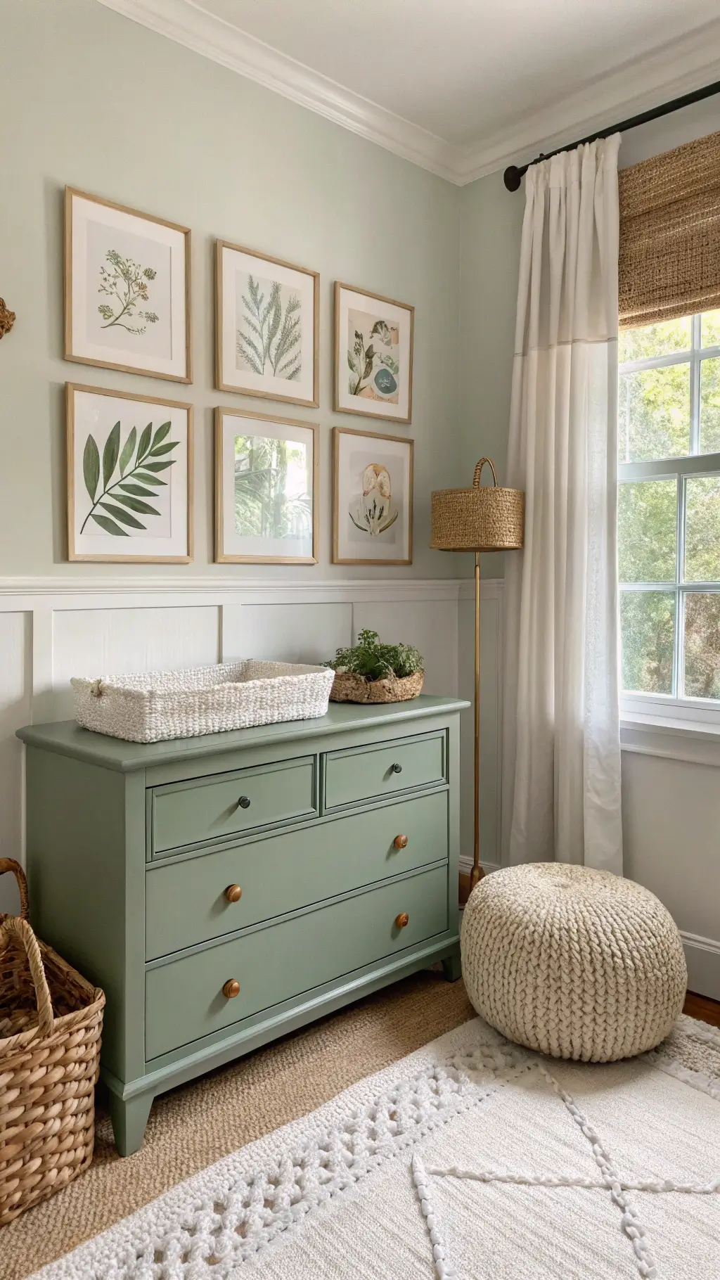 Vintage-style nursery corner with high ceiling, sage green dresser, brass wall frames with botanical prints, handwoven pouf on cream carpet, and layered window shades during golden hour.