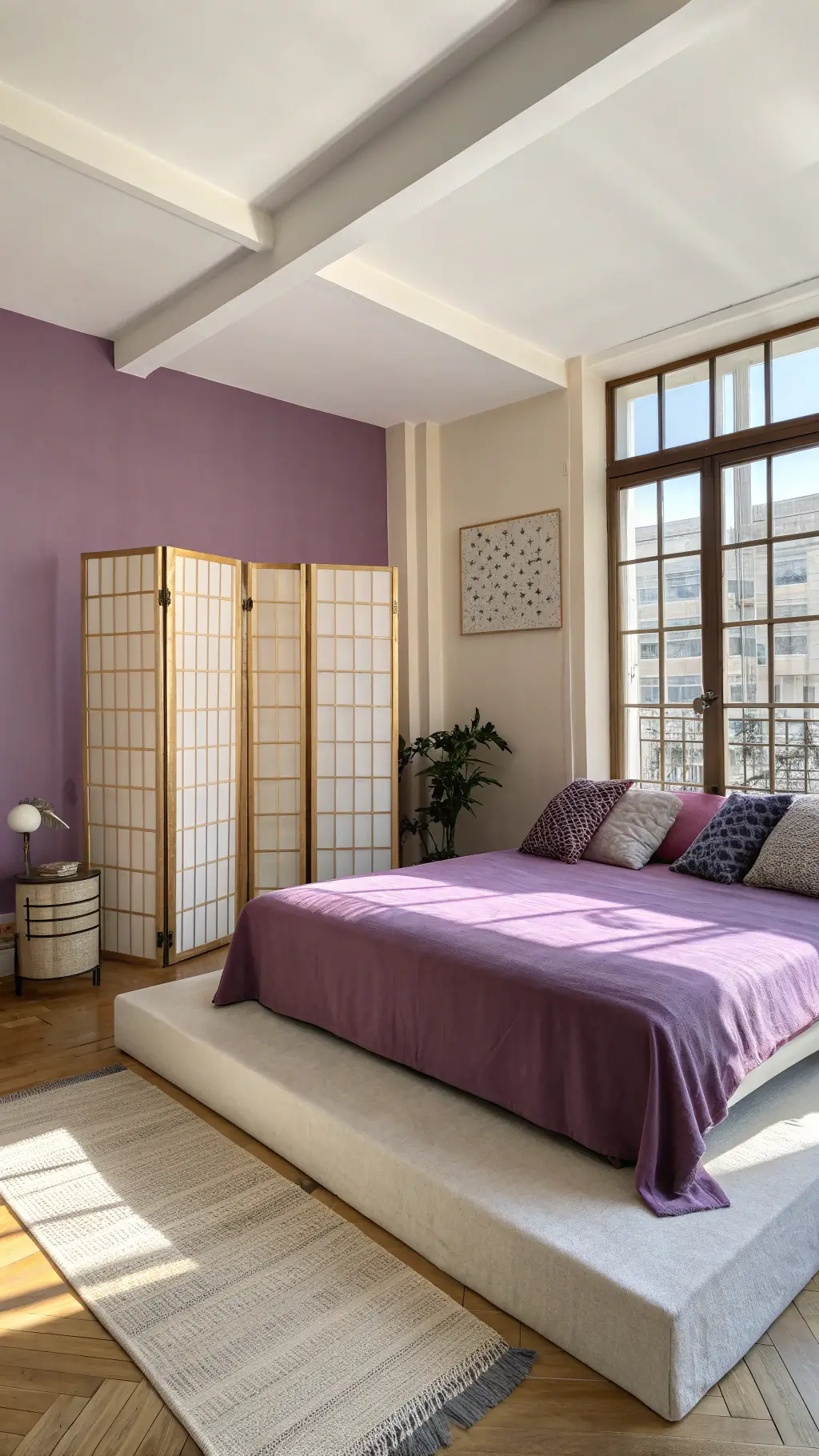 Bright midday-lit studio apartment space; cream and purple color-blocked walls, brass room divider screens, mauve linen bedding on platform bed and purple geometric throw pillows, viewed from an elevated position.