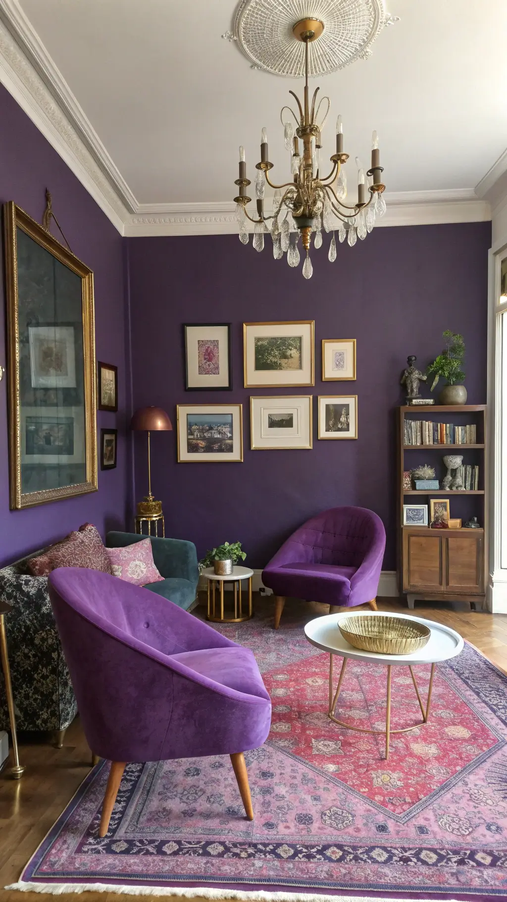 Bohemian luxury styled 16x18ft sitting room with royal purple statement wall, mid-century modern purple velvet chairs, brass étagère, vintage rugs, global textiles in purple tones, copper accents, and gold-framed gallery wall, lit by afternoon sun and vintage chandelier.