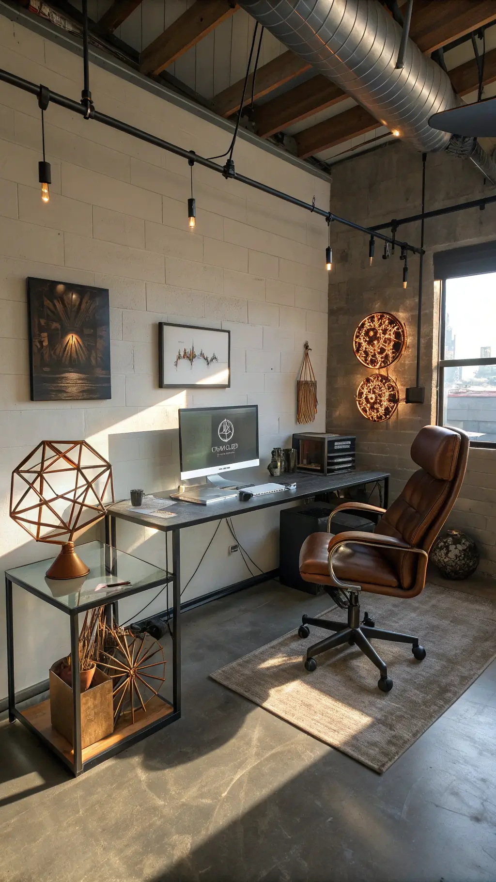 Industrial-style creative professional's studio corner with concrete floors, exposed ductwork, L-shaped glass desk with dual monitors and leather executive chair, abstract canvas, and geometric sculptures in moody, cinematic lighting.