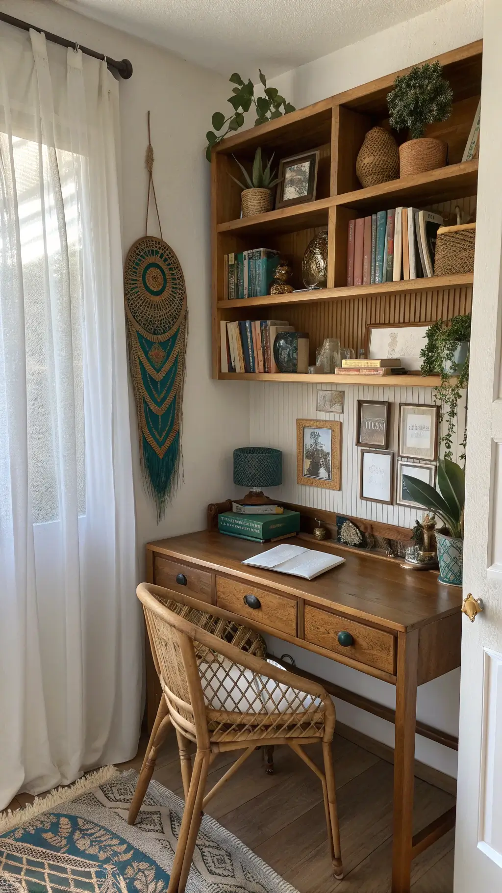 Cozy Boho Academic Workspace featuring built-in shelving, a vintage wooden desk, rattan peacock chair, woven wall hangings, brass desk accessories, and clustered succulents in a bedroom alcove bathed in soft afternoon light.