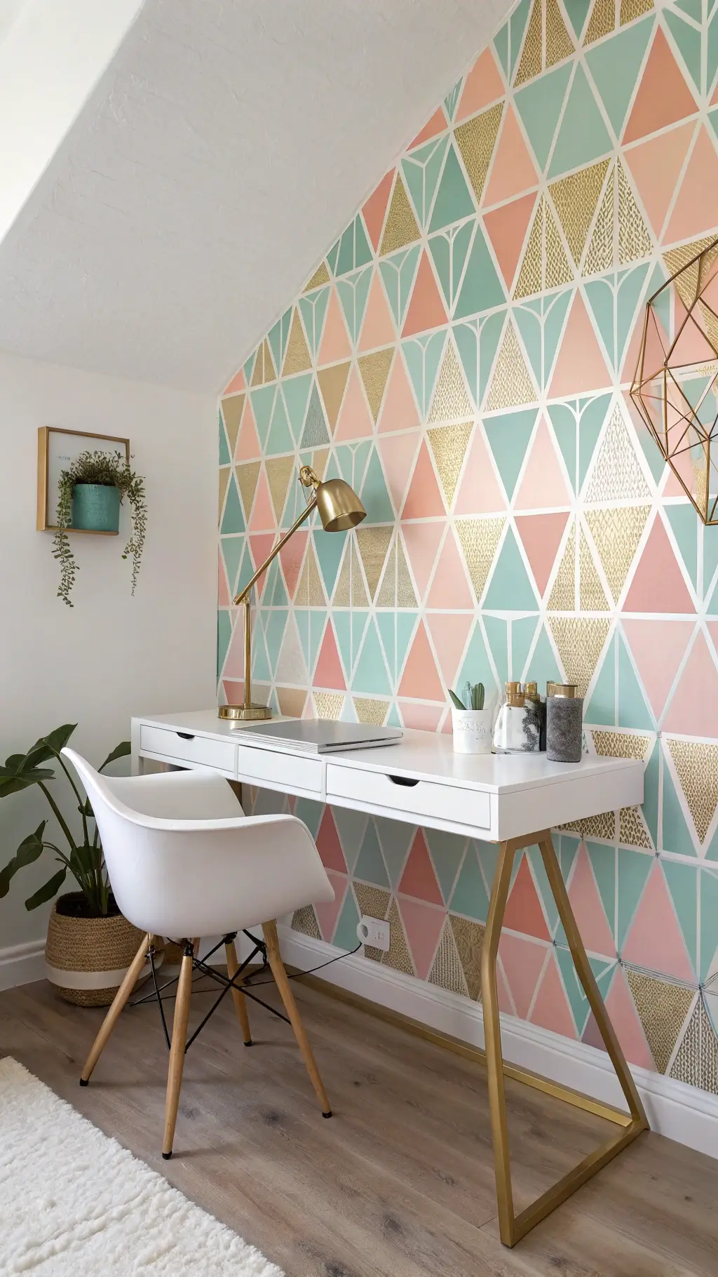 Low-angle shot of a 14ft geometric accent wall in shades of coral, mint, and gold with modern white desk, lucite chair, brass lamp, and hanging planters in morning light.