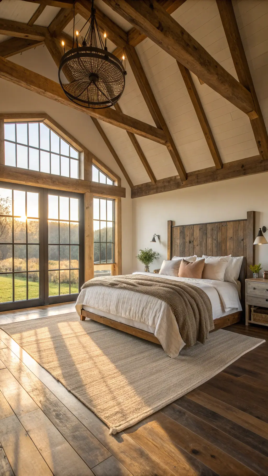Sun-kissed, spacious 14x16ft bedroom with king-size bed, weathered barn wood headboard, exposed wooden ceiling beams, wide-plank oak floor, vintage iron pendant light, and natural jute rug. Room features layers of cream linen bedding, wool throws, and leather accent pillows.